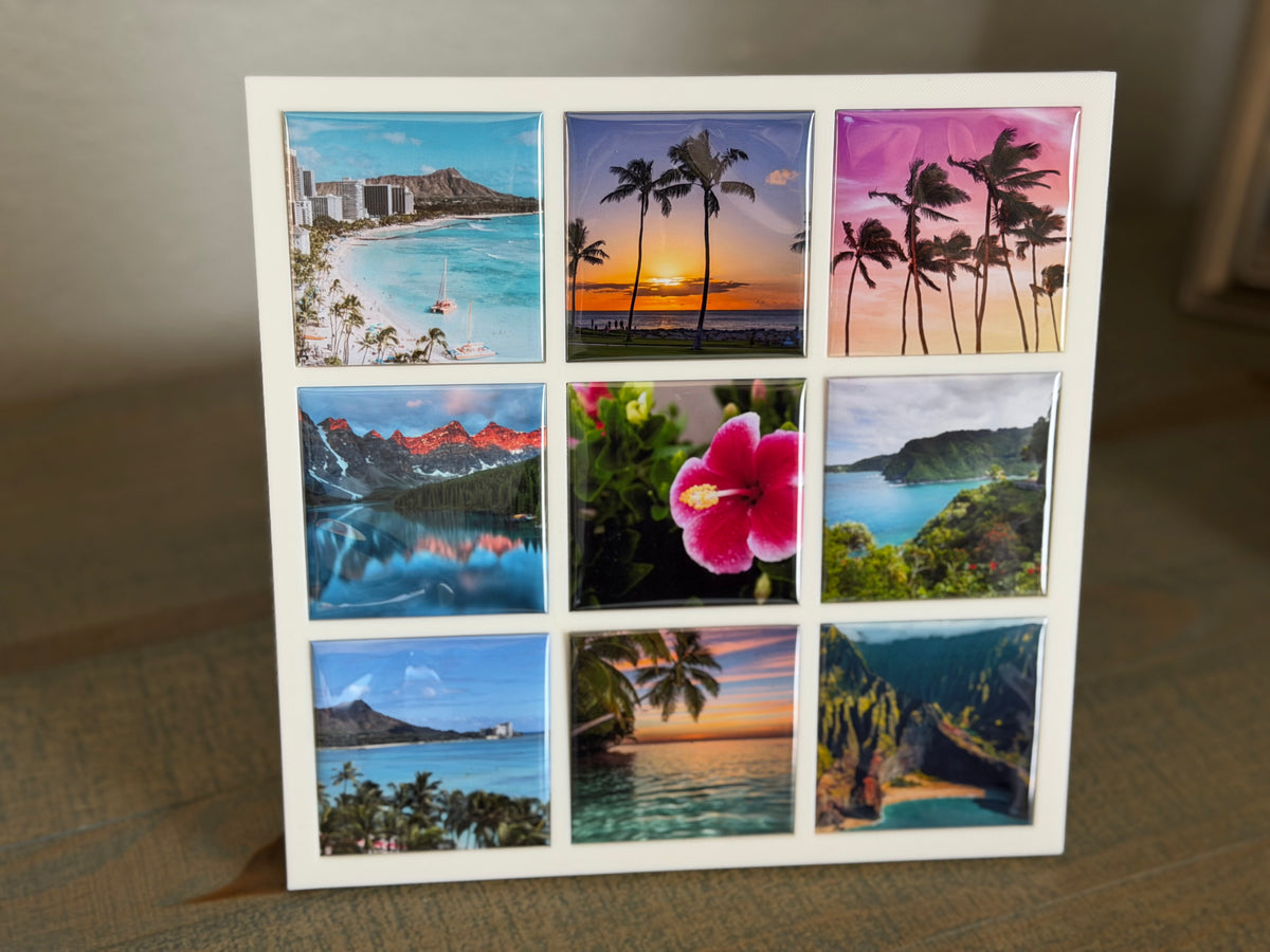 White KeepsyMags magnet display frame holding nine square photo magnets