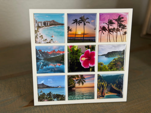 White KeepsyMags magnet display frame holding nine square photo magnets
