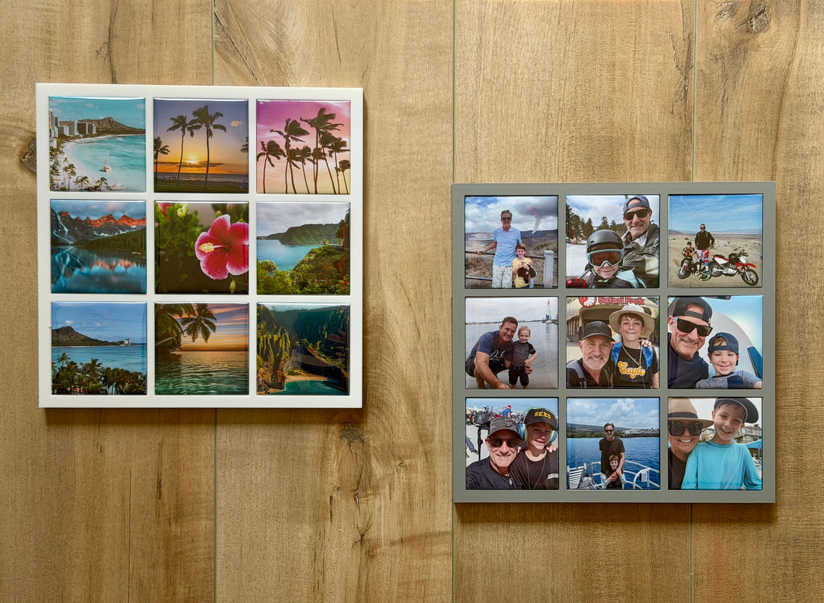 White and gray KeepsyMags magnet display frames, each holding nine photo magnets